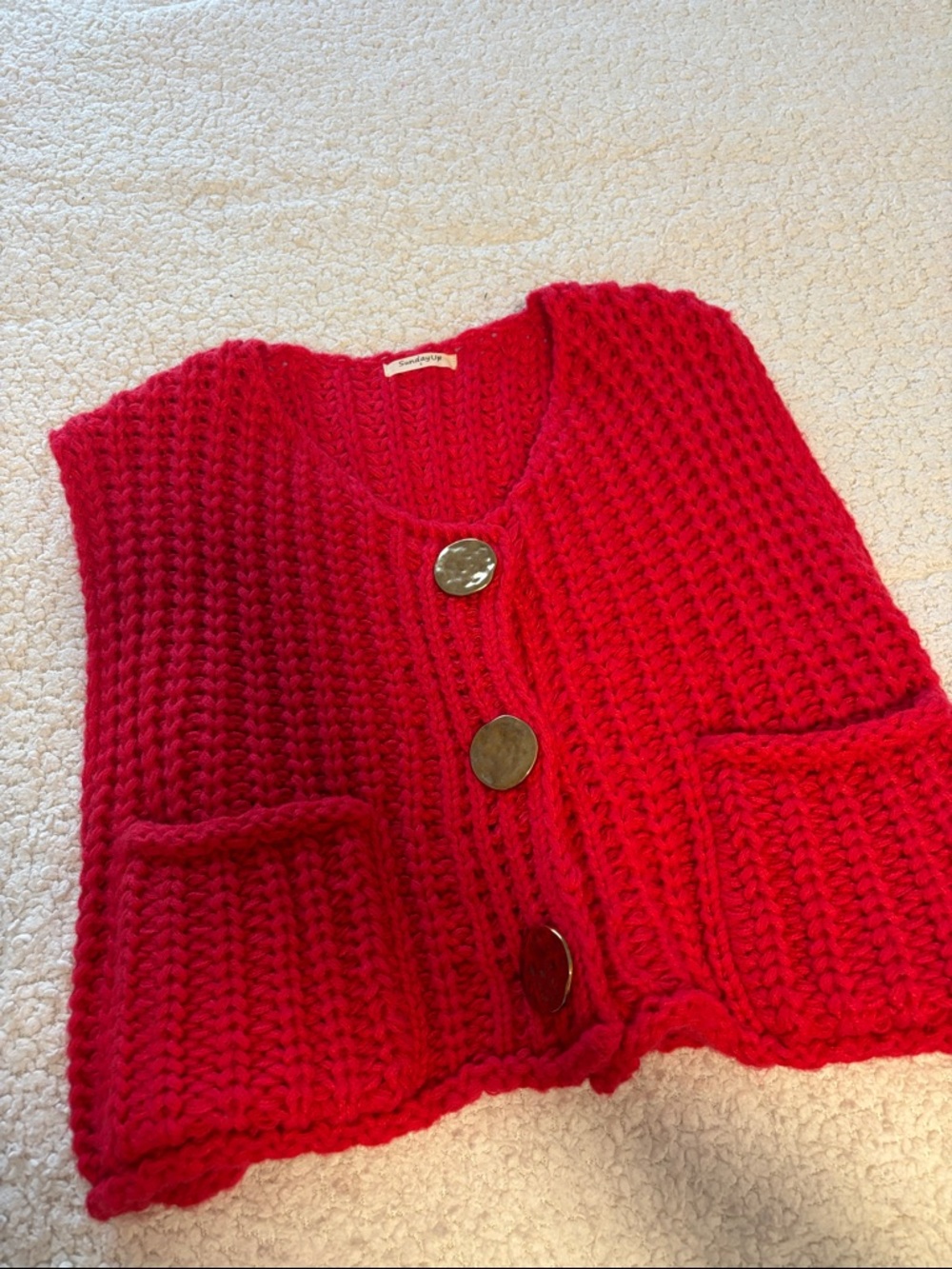 Chunky Red Button-Front Knit Vest with Patch Pockets